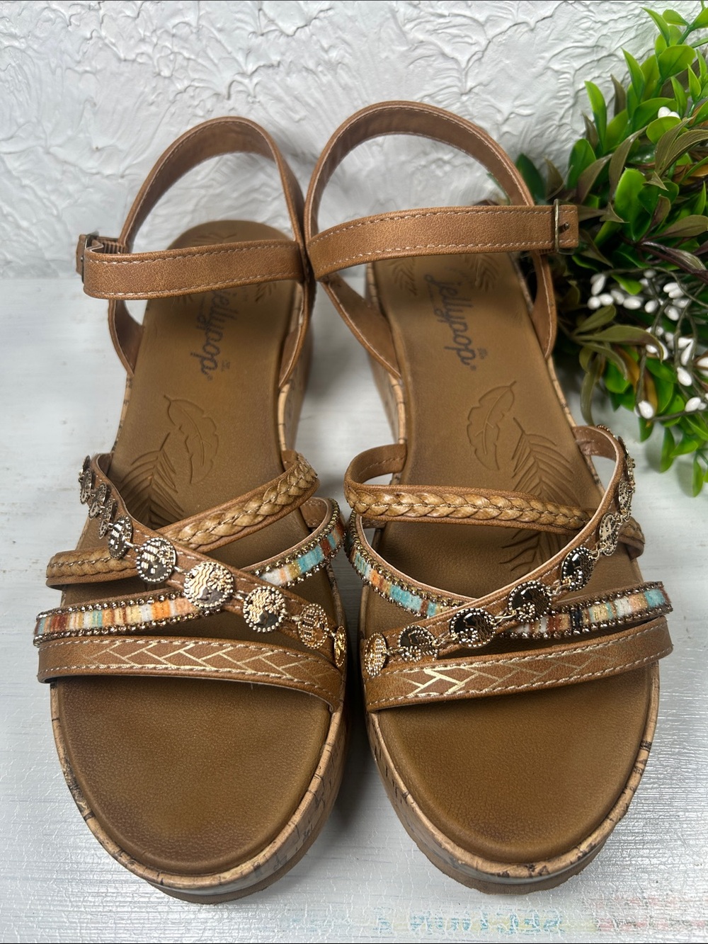 JellyPop Pierre Wedge Sandals Beaded Accents Stylish Cork Wedge Sandal - Picture 3 of 13